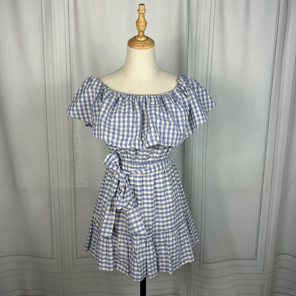 Tularosa - Gingham Off Shoulder Ruffle Mini Dress - Blue/White -‎ Medium